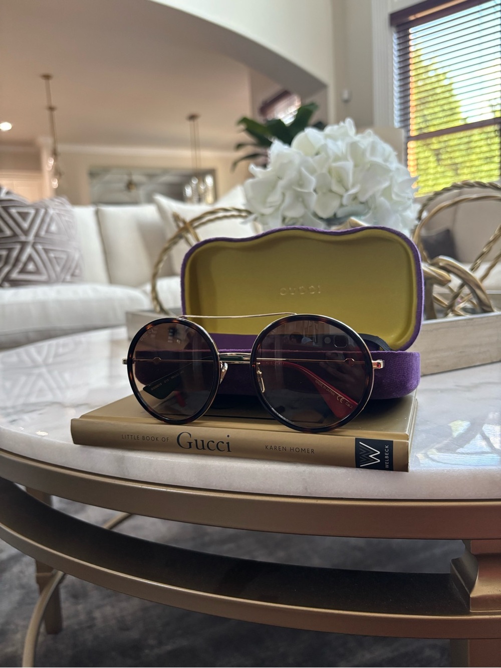 Gucci Round Metal Sunglasses with Black Lenses and Purple Case